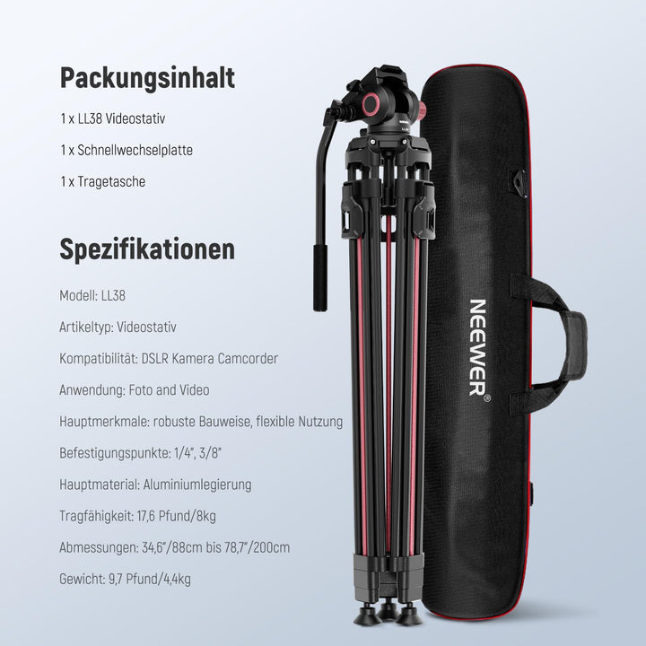 Kamerastativ 2m Aluminium mit Fluidkopf und Schnellwechselplatte - Bild 9