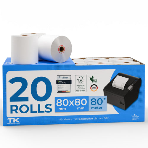 Thermorollen 80x80x12 mm Thermopapier für Kassendrucker 20 Stk