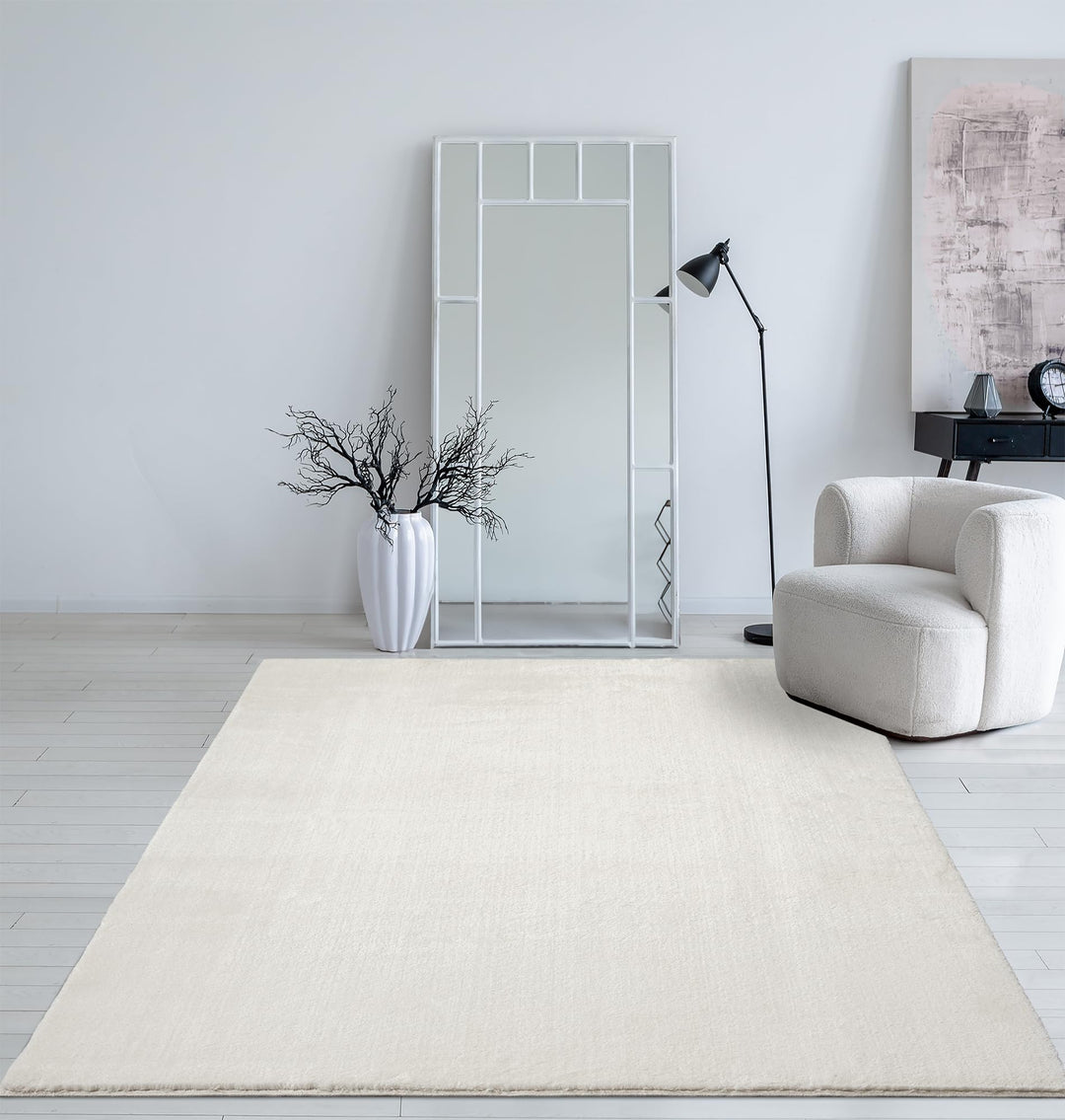 Kurzflor Teppich Felloptik waschbar 200x280 cm Creme Anti-Rutsch