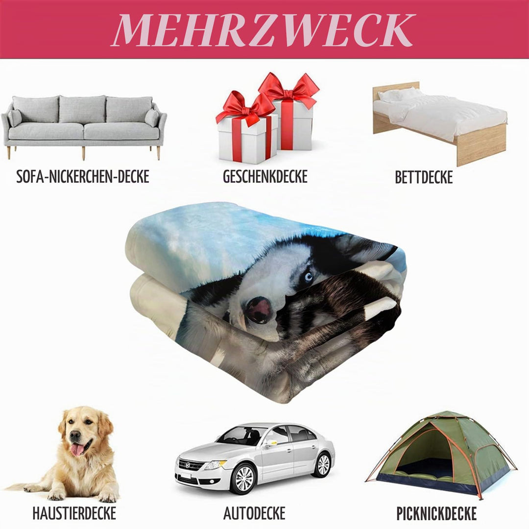 Kuscheldecke Flanell 150x200 cm Husky-Motiv weiss - Bild 5