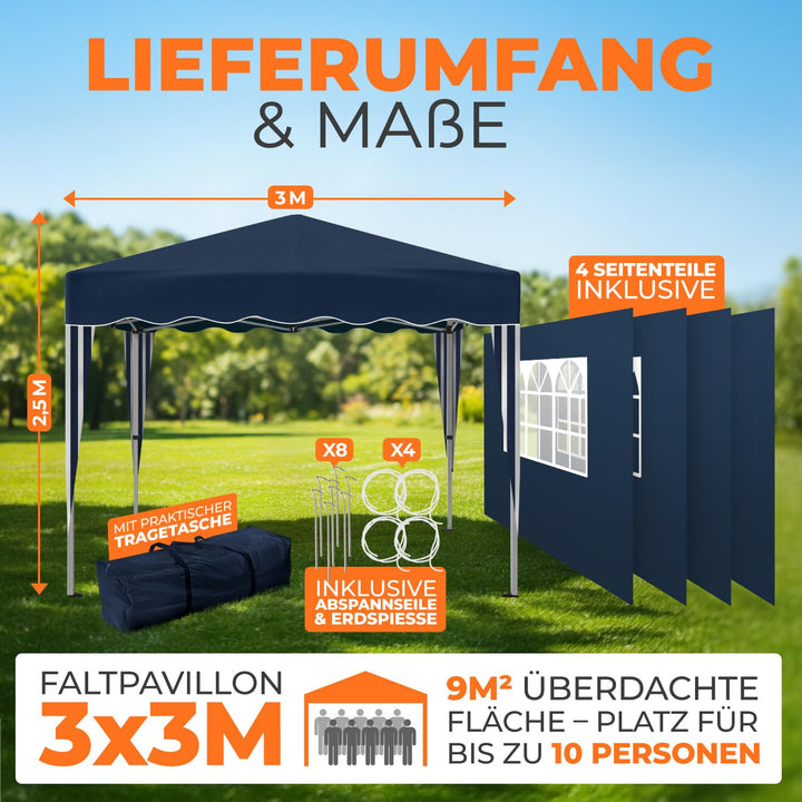 Faltpavillon 3x3 m wasserdicht UV50+ Stahl mit 4 Seitenteilen Blau - Bild 2