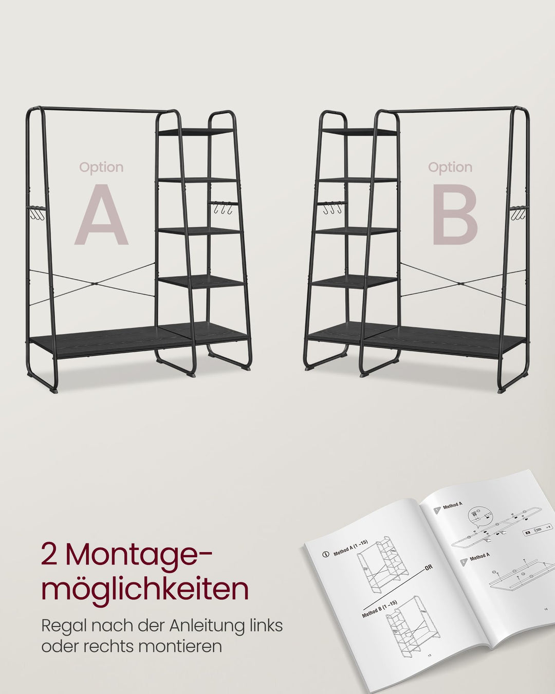 Kleiderständer Stahl Spanplatte 45x120x160 cm mit 5 Regalebenen - Bild 5