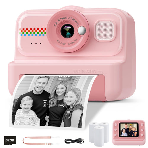 Sofortbildkamera Kinder 1080P mit Thermodruck 32GB Rosa 3-12 J.