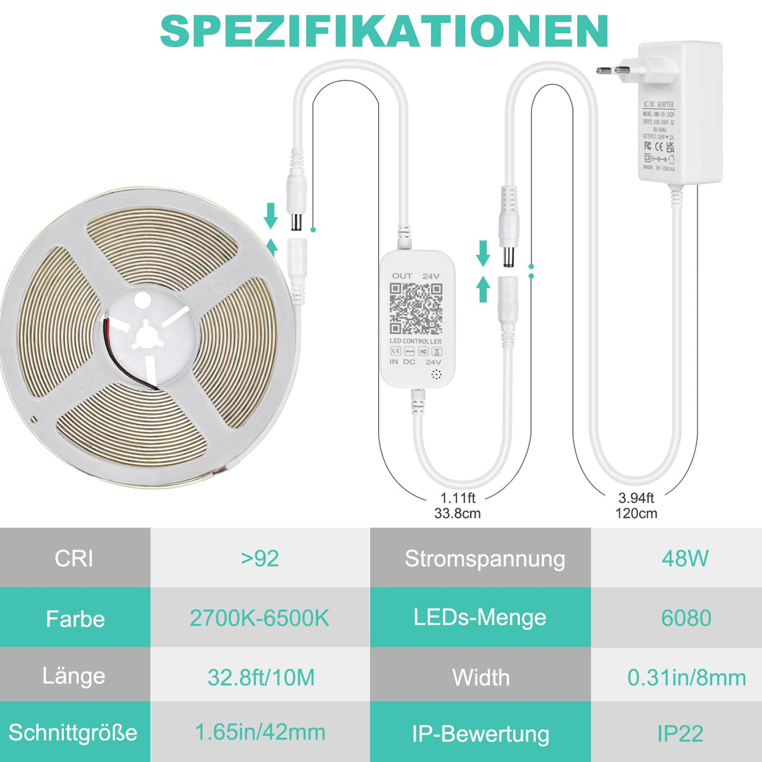 COB LED Streifen 10m dimmbar 2700K-6500K mit App und Fernbedienung - Bild 8