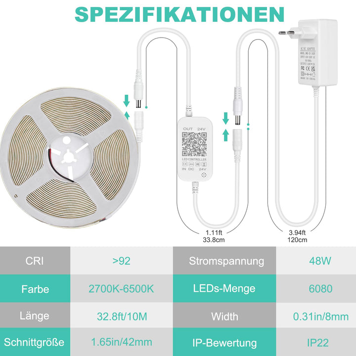 COB LED Streifen 10m dimmbar 2700K-6500K mit App und Fernbedienung - Bild 8