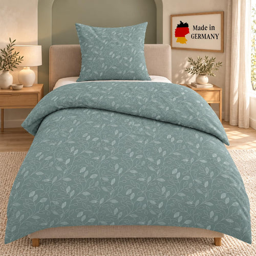 Biber Bettwäsche Set 4-tlg. 135x200 cm Blumen Grün 100% Baumwolle