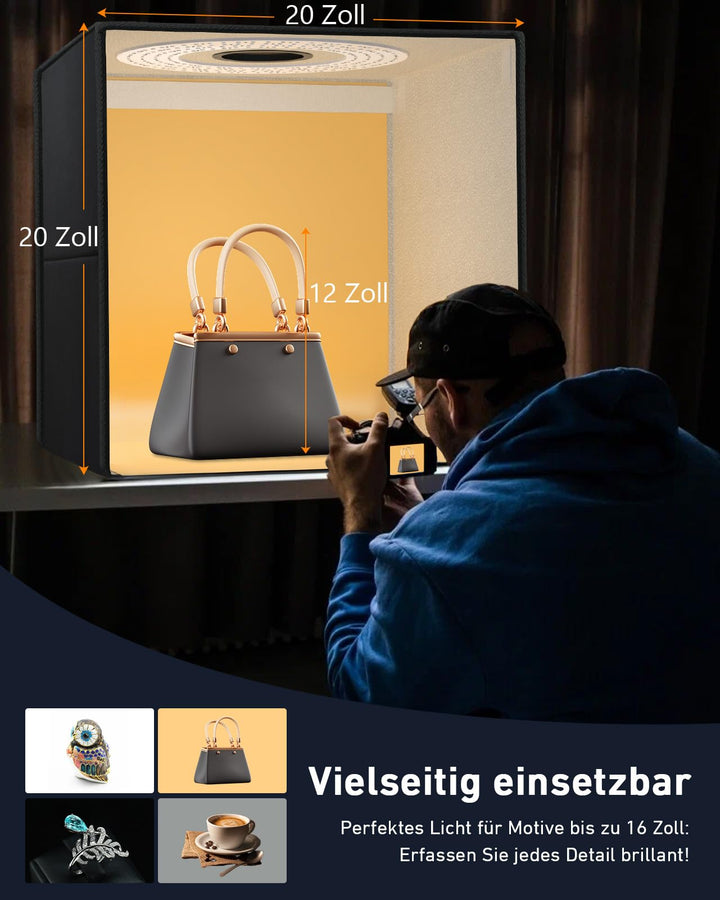 Fotobox 50x50 cm mit 216 LEDs dimmbar, 6 Hintergründe, faltbar - Bild 2