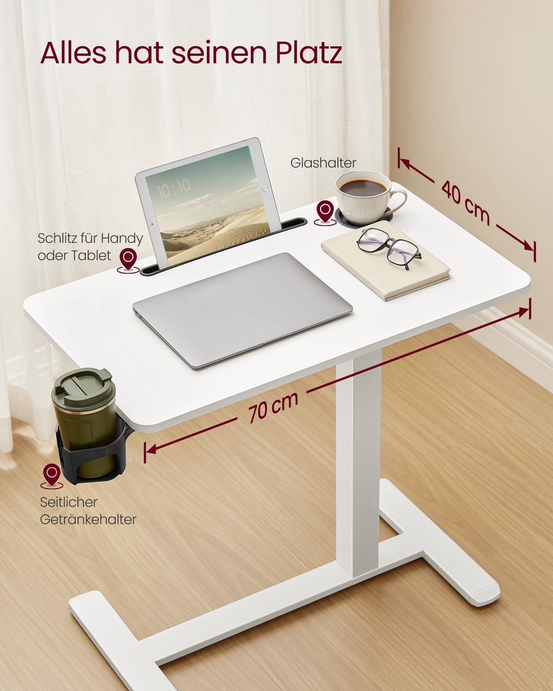 Beistelltisch höhenverstellbar mit Rollen 65-102 cm, 70x40 cm - Bild 5