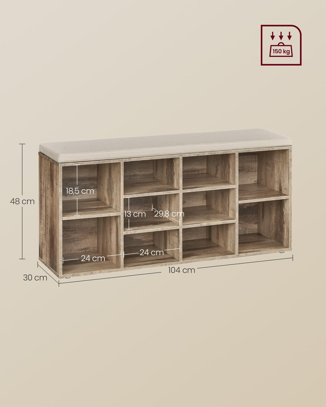 Schuhbank mit Polster 10 Fächer Holz 104 cm Flur Eingang - Bild 6