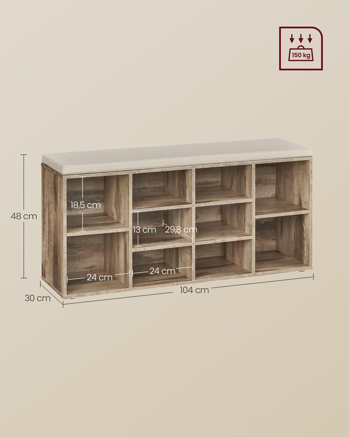 Schuhbank mit Polster 10 Fächer Holz 104 cm Flur Eingang - Bild 6