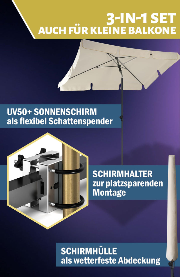 Sonnenschirm Balkon rechteckig 200x125 cm UV50+ 3-in-1 Set mit Halterung - Bild 6