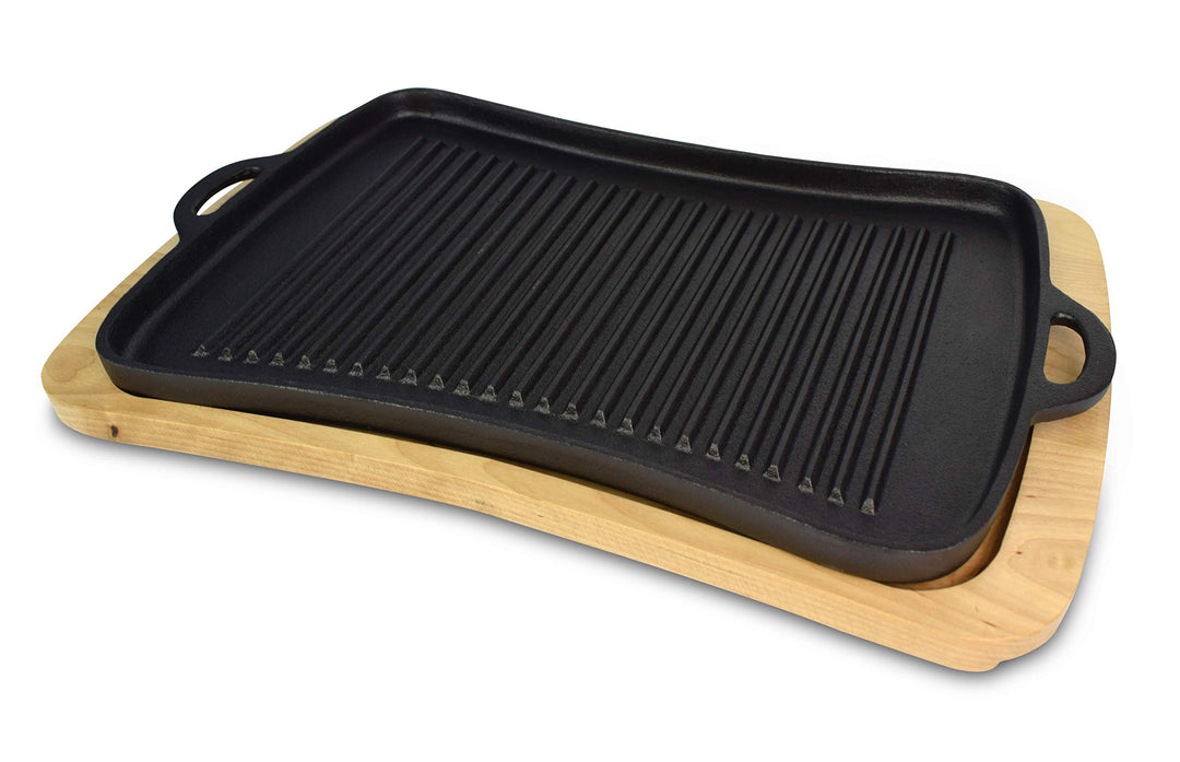 Gusseisen Grillplatte mit Holzuntersetzer 34x24 cm Induktion