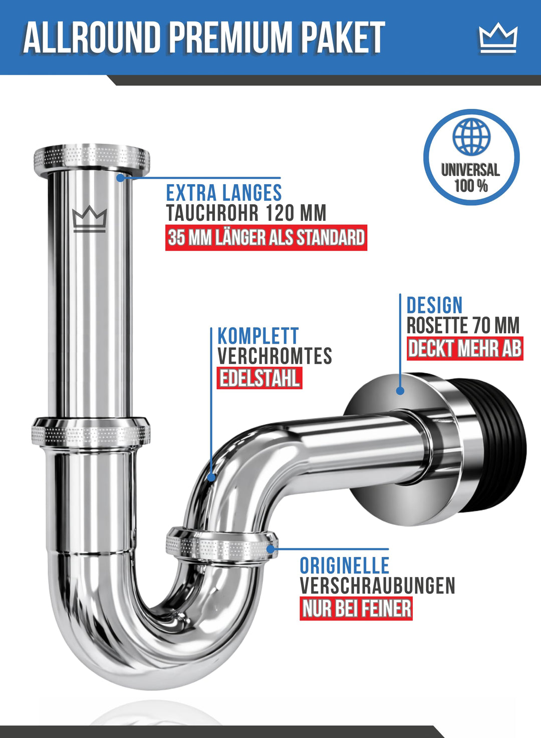 Waschbecken Ablaufgarnitur mit Siphon Edelstahl Komplett-Set mit Überlauf - Bild 7