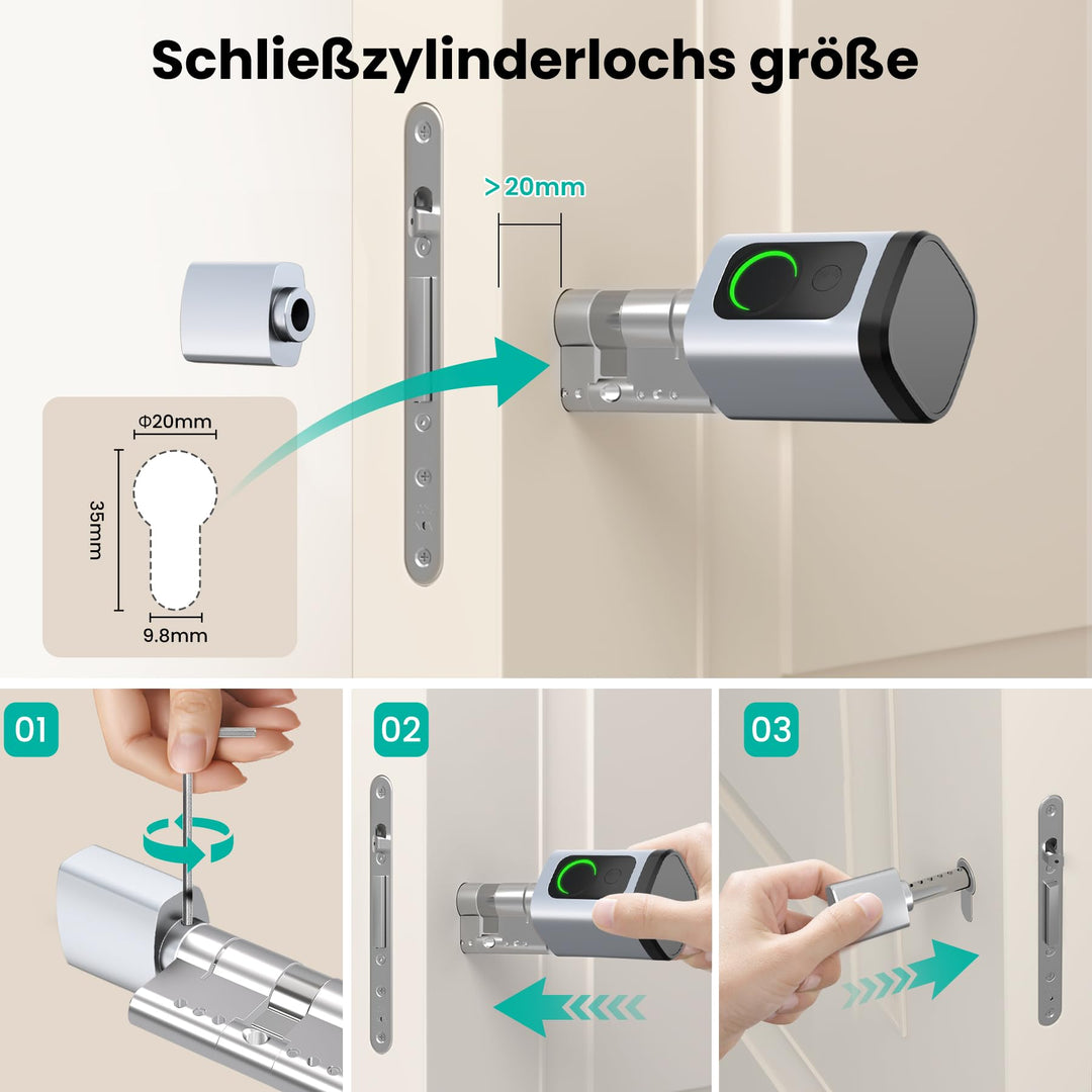 Smart Türschloss Fingerabdruck &amp; PIN für Türen 60-90 mm Silber - Bild 5