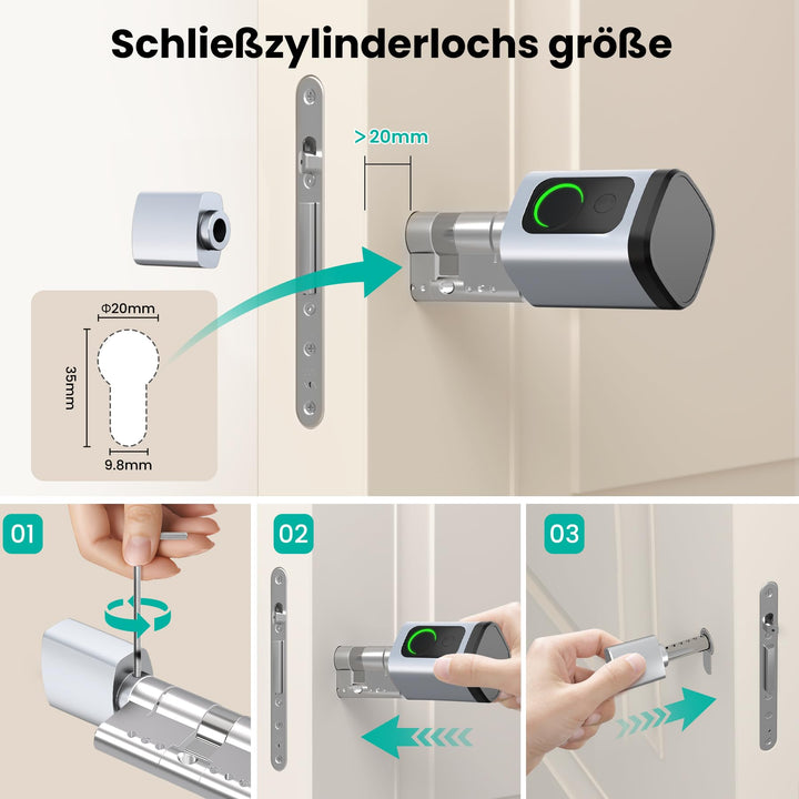 Smart Türschloss Fingerabdruck &amp; PIN für Türen 60-90 mm Silber - Bild 5