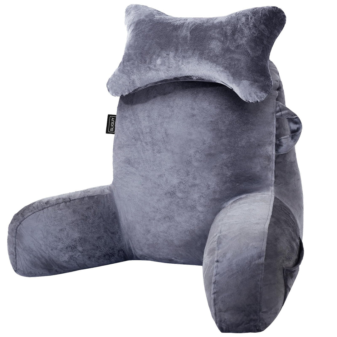 Lesekissen mit Armlehnen und Seitentasche für Bett und Sofa Dunkelgrau
