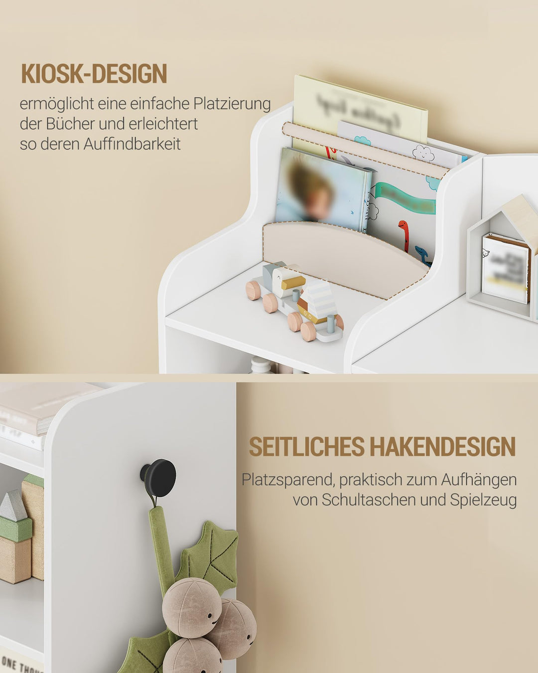 Kinderzimmerregal 9 Fächer 8 Boxen mit Haken 30x140x104 cm Weiss - Bild 5
