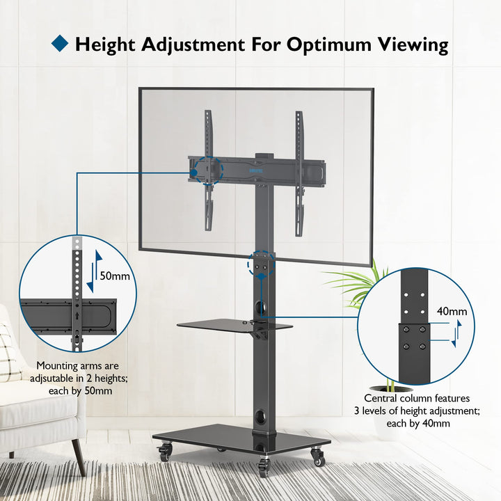 TV Ständer rollbar 30-70 Zoll höhenverstellbar mit 2 Glasablagen - Bild 2