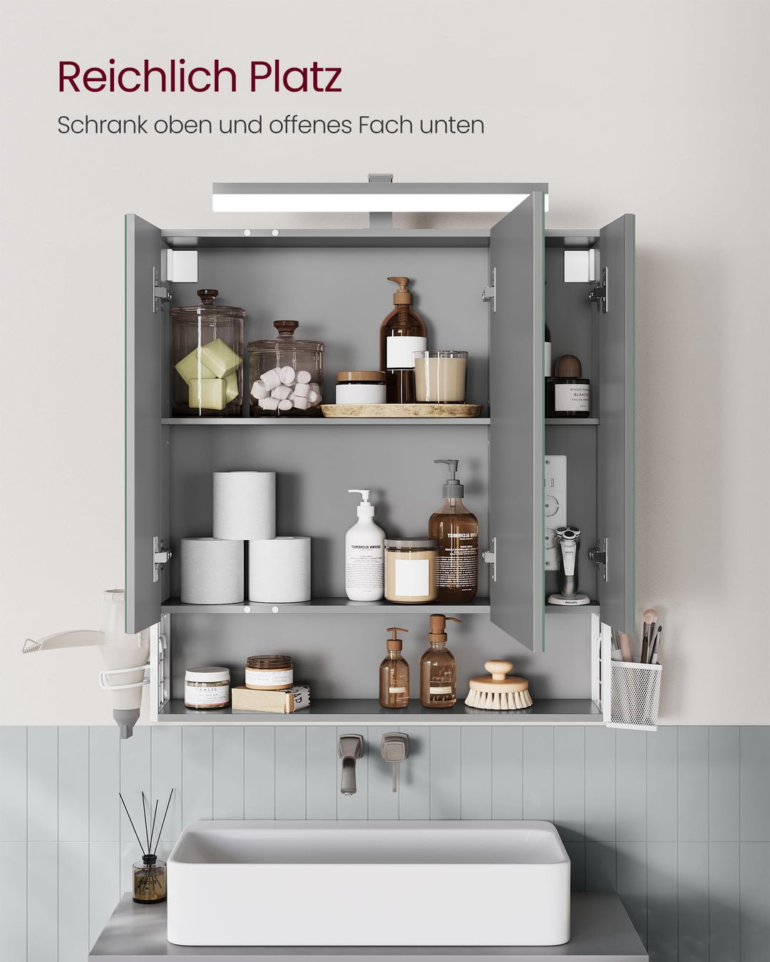 Spiegelschrank Bad mit LED-Beleuchtung 3 Türen Steckdose USB - Bild 4