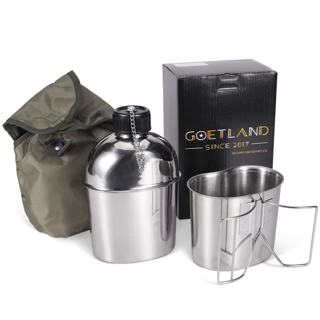 Feldflasche Edelstahl Set 1,2l mit 0,6l Becher und Nylonbeutel