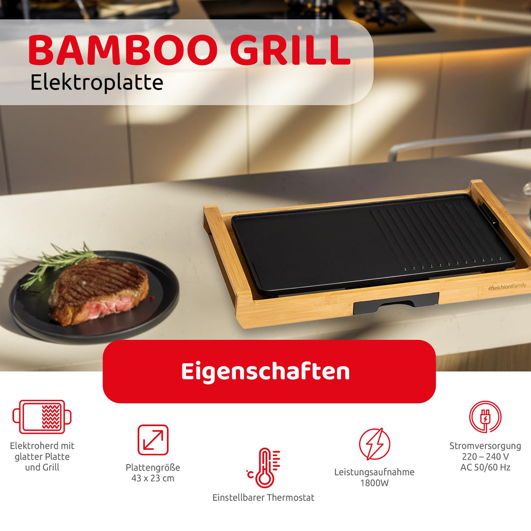 Elektrogrill Tischgrill 1800W Bambus mit Grillplatte 43x23cm - Bild 2