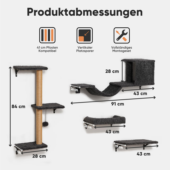 Katzen Kletterwand Set 10-teilig Multiplexholz mit Hängematte bis 18 kg - Bild 5