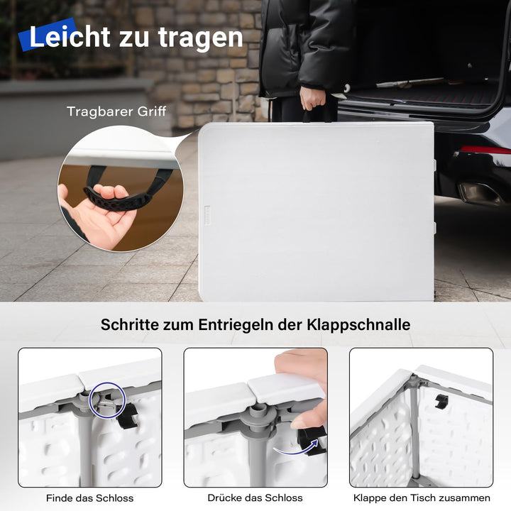 Klapptisch 120x60 cm höhenverstellbar HDPE klappbar tragbar Weiß - Bild 6