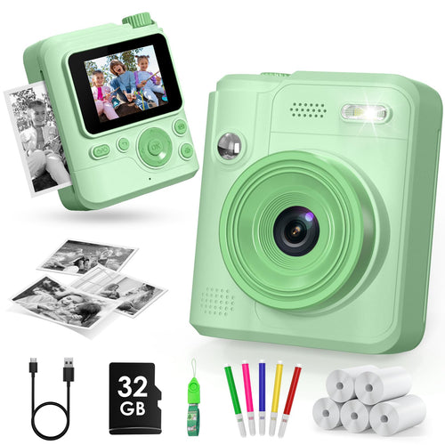 Sofortbildkamera Kinder mit Drucker, 32GB-Karte, 1080P, grün