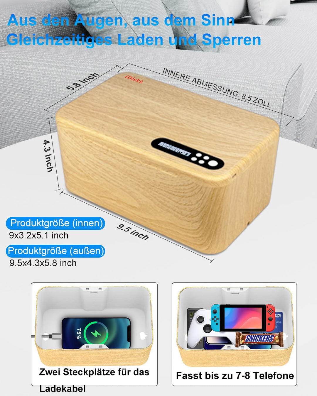 Zeitschloss Box mit Timer für Handy und Snacks Holzoptik - Bild 3