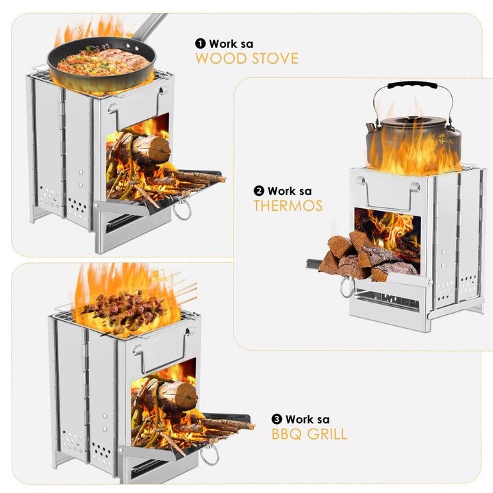 Camping-Holzofen Edelstahl 304 klappbar mit Grillnetz und Tasche - Bild 6