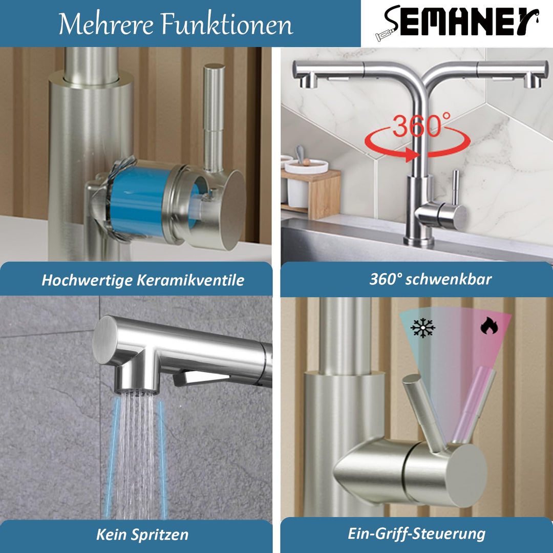 Küchenarmatur ausziehbar Edelstahl 304 2 Modi 360° schwenkbar - Bild 5
