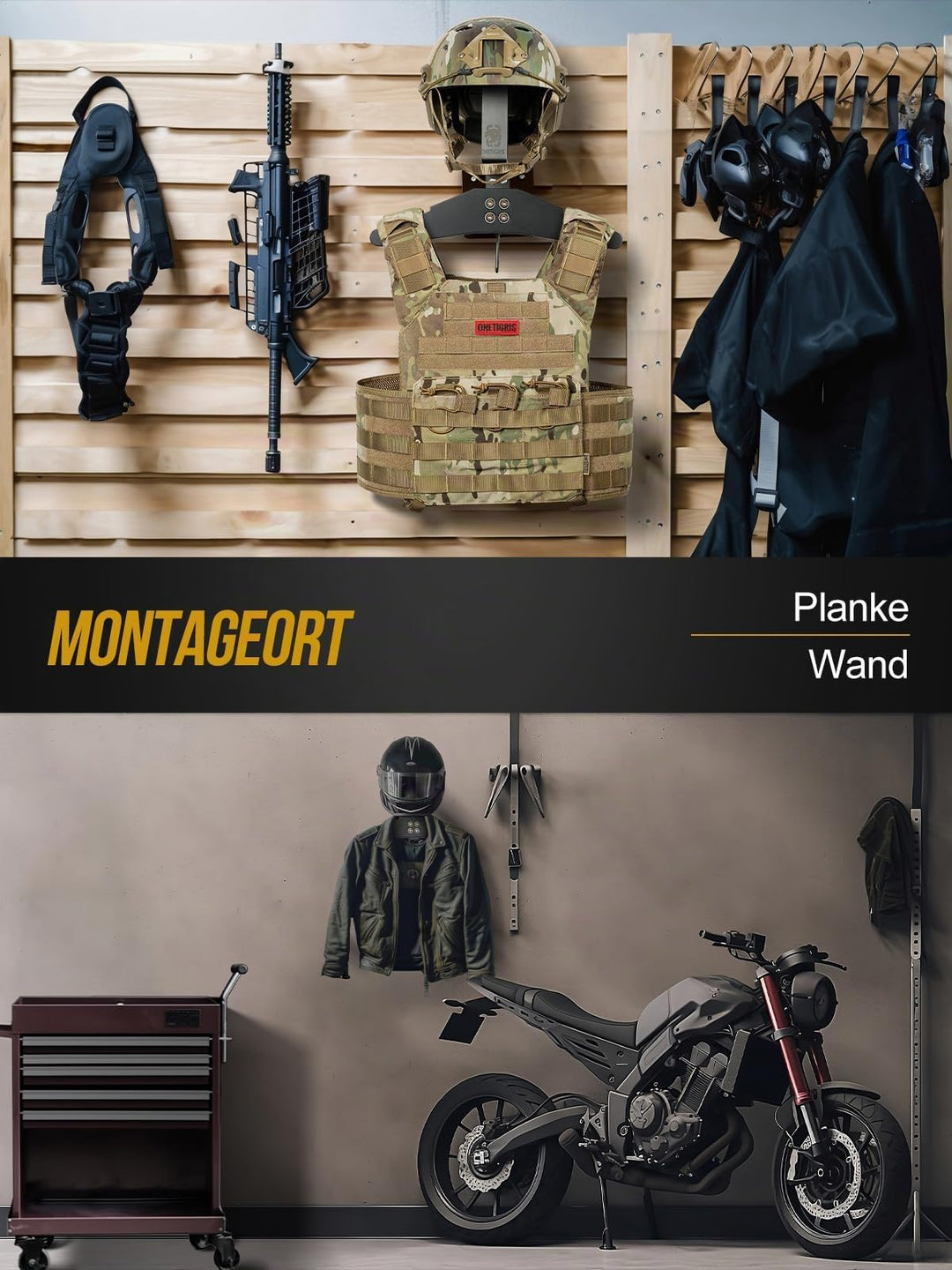 Motorrad Wandgarderobe Holz-Metall für Helm und Jacke 40 kg - Bild 2