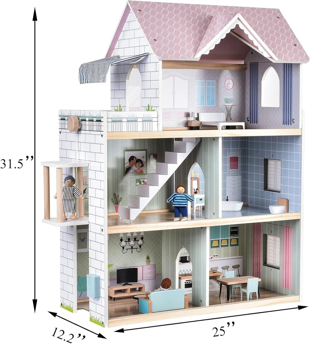 Puppenhaus Holz 3-stöckig 80 cm mit Aufzug, Licht &amp; 22 Teilen - Bild 3