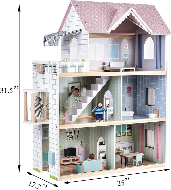 Puppenhaus Holz 3-stöckig 80 cm mit Aufzug, Licht &amp; 22 Teilen - Bild 3