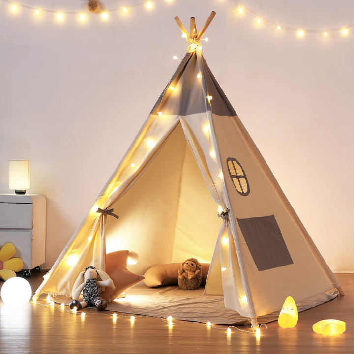 Tipi Zelt Kinder Baumwolle mit Matte und Lichterkette 120x120x155 cm