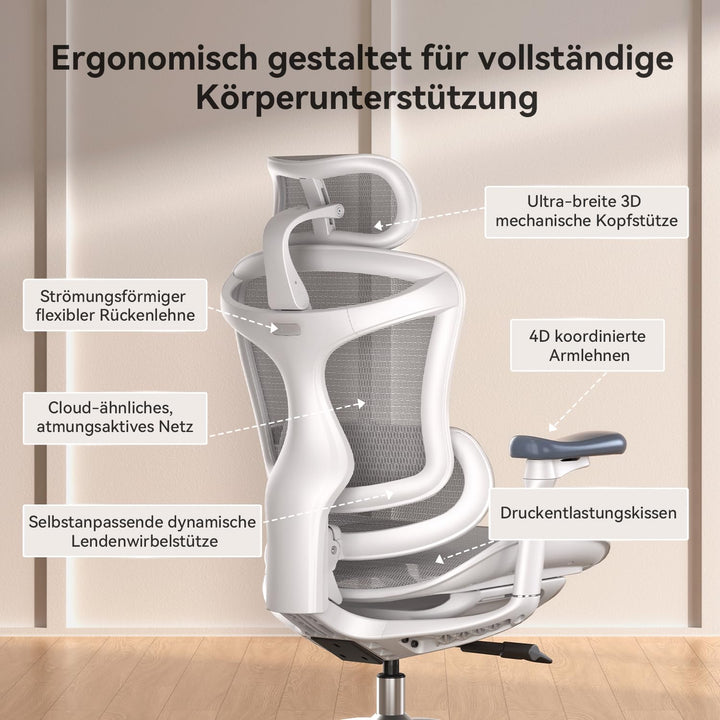 Ergonomischer Bürostuhl Netz mit Lendenwirbelstütze 3D-Armlehnen bis 150 kg - Bild 7