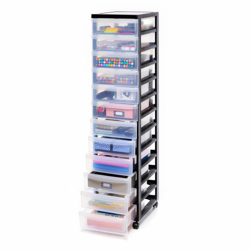 Schubladenschrank Kunststoff 12 Schubladen mit Rollen, A4, schwarz