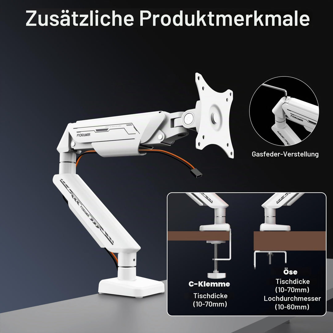 Monitorarm Gasfeder 17-35 Zoll bis 11 kg mit Kabelmanagement, Weiss - Bild 6