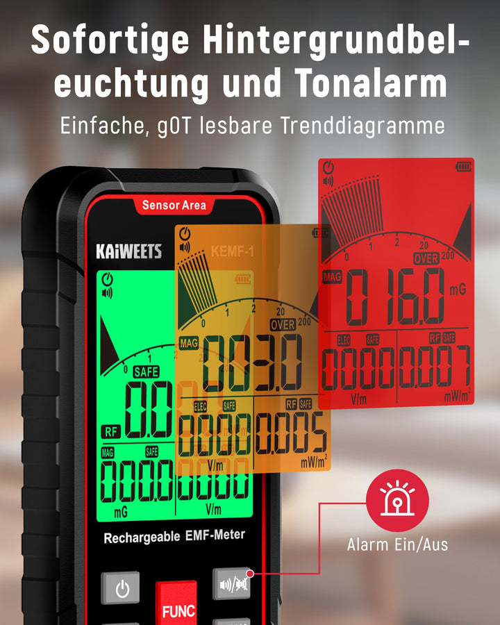 EMF-Messgerät 3-in-1 EF/MF/RF mit LCD-Display und USB-C Akku - Bild 3