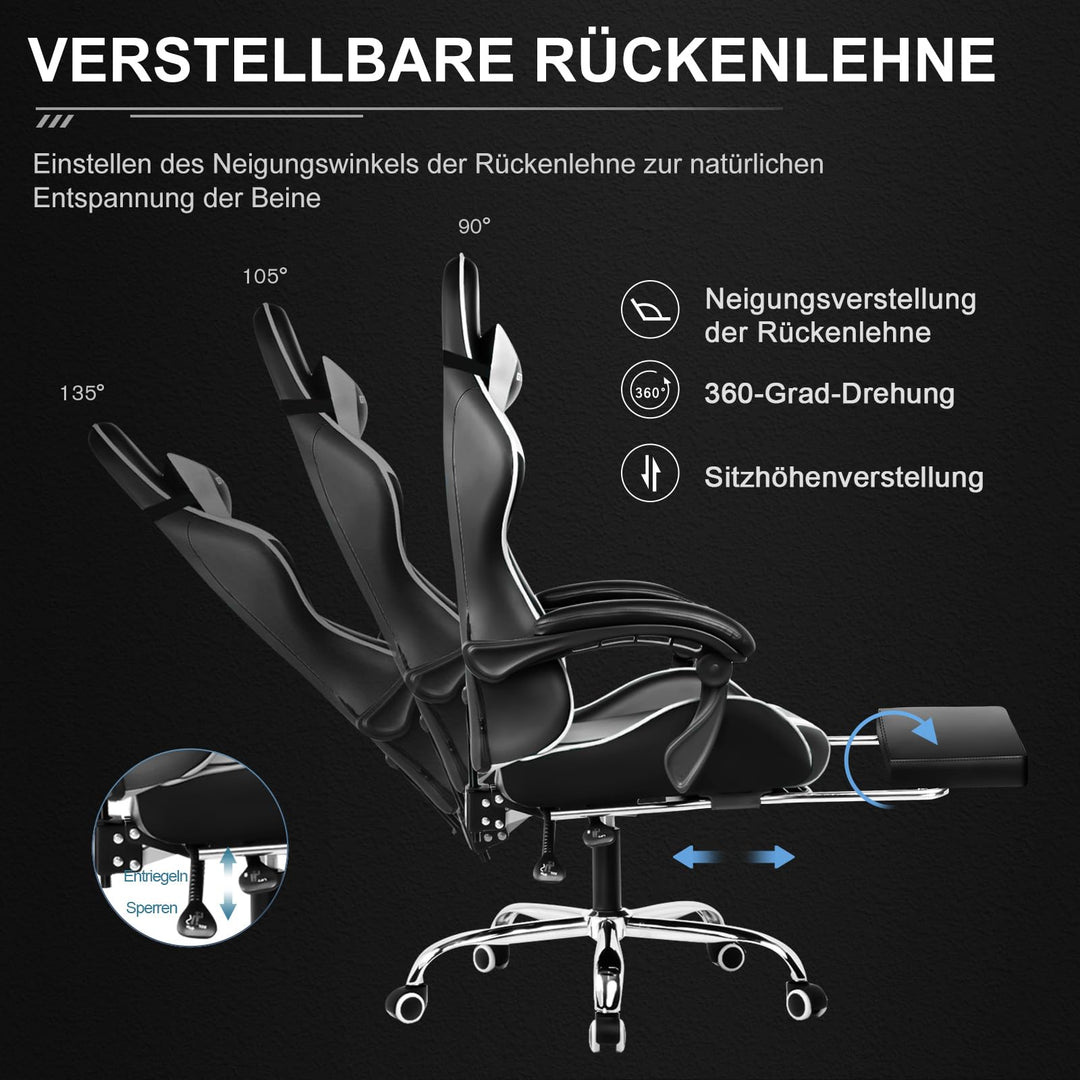 Gaming Stuhl mit Fussstütze und Massage-Lendenkissen Kunstleder Weiss - Bild 7