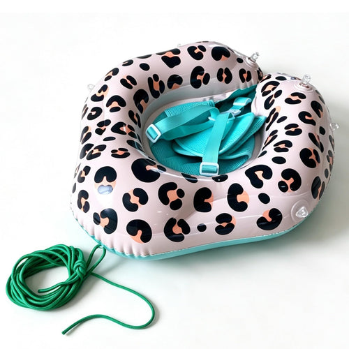 Baby Schwimmring mit Zugleine UPF 50+ Sonnendach Leo-Print 6–36M
