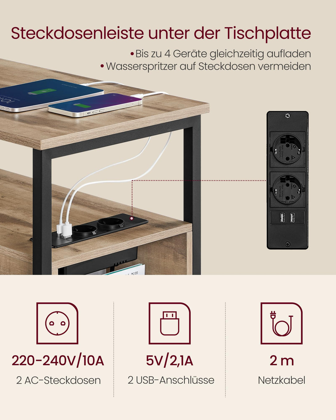 Beistelltisch mit Steckdosenleiste 2 Schubladen Stahl Holz - Bild 3