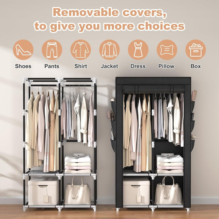 Stoffschrank mit Abdeckung 90x45x172 cm schwarz 2 Kleiderstangen - Bild 5