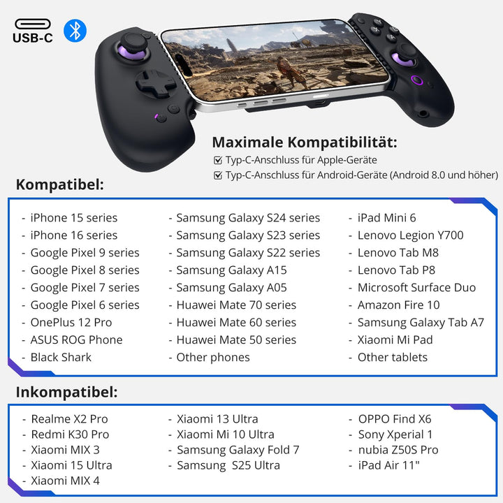 Mobile Gaming Controller Full-Size Bluetooth &amp; USB-C mit Hall-Effekt - Bild 10