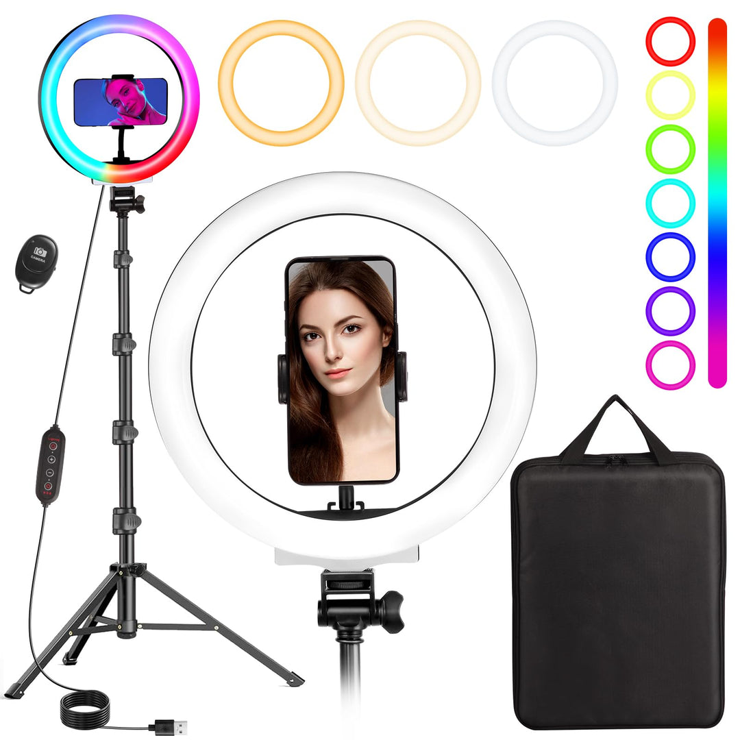 Ringlicht 10 Zoll RGB mit Stativ und Handyhalter dimmbar