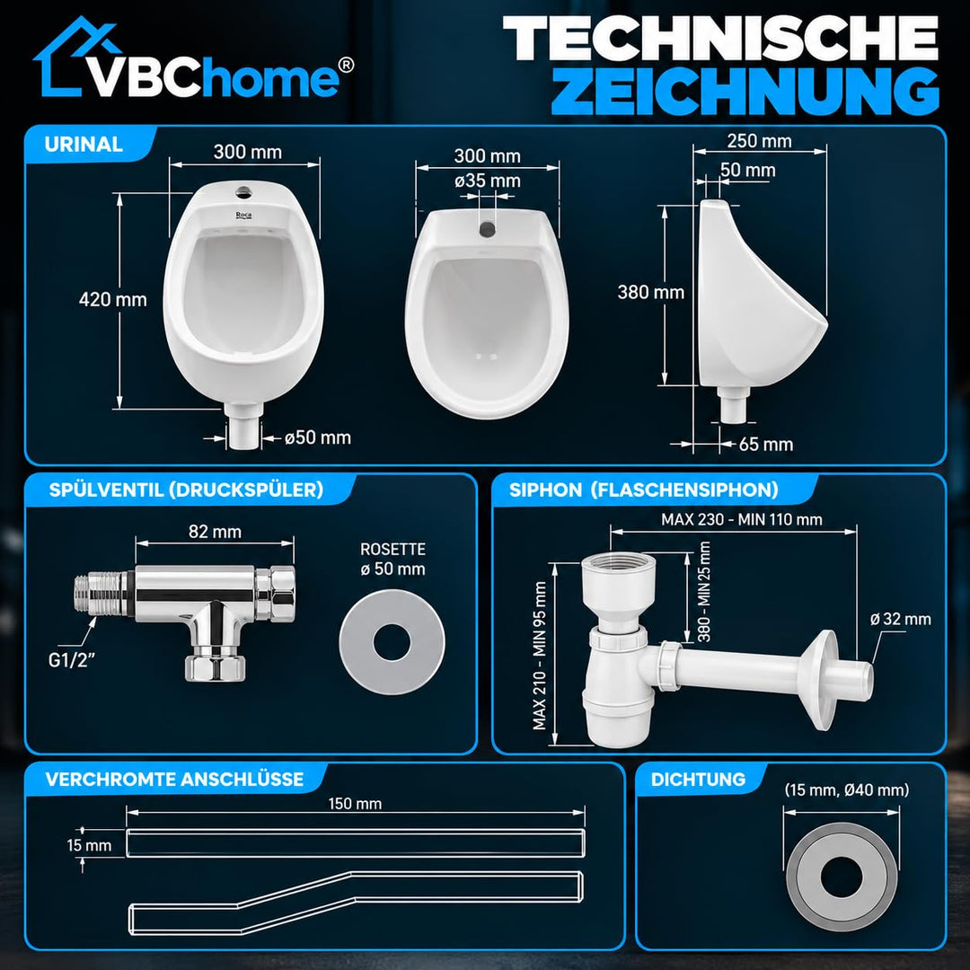 Wand-Urinal Keramik Mini mit Druckspüler und Siphon Weiß - Bild 8