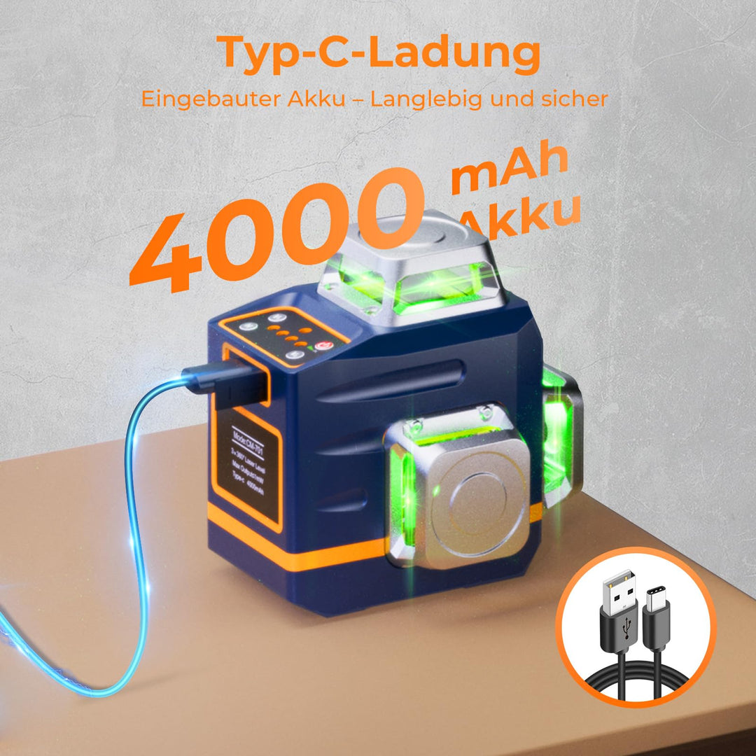 Kreuzlinienlaser 3x360° Grün mit Stativ 1,5 m und 30 h Akku - Bild 7