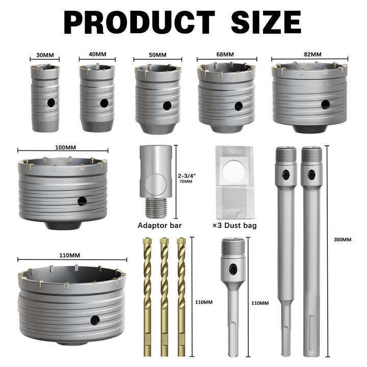 Bohrkronen-Set Hartmetall 7 Grössen SDS Plus &amp; Max für Beton Mauerwerk - Bild 2