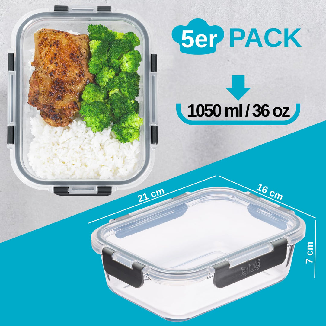 Meal Prep Boxen Glas 1050ml Borosilikat BPA-frei 5er-Set - Bild 3