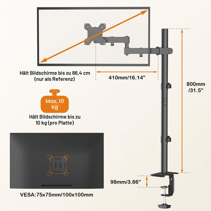 Monitorarm Standhalterung 800 mm hoch VESA 75/100 für 13–32 Zoll - Bild 3